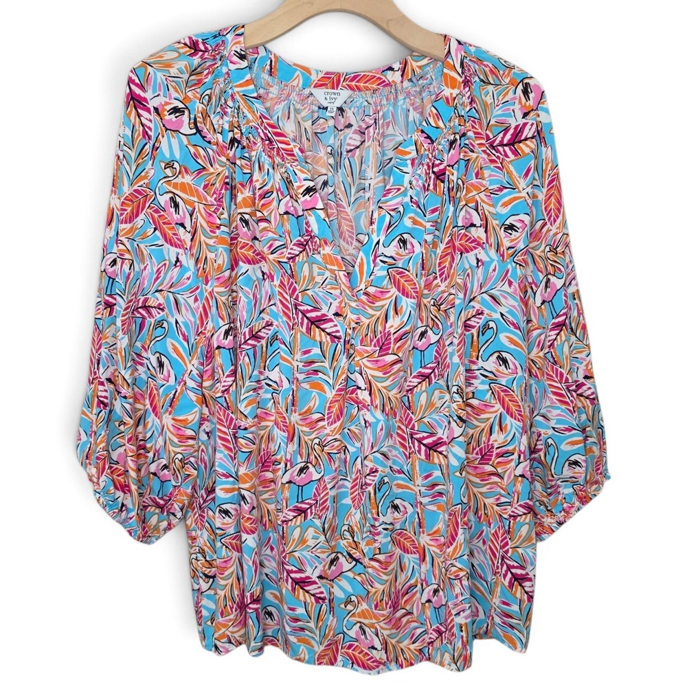 Crown & Ivy Curvy Top Womens 3X Tropical Palm Blouse 3/4 Sleeve Peasant Blouse